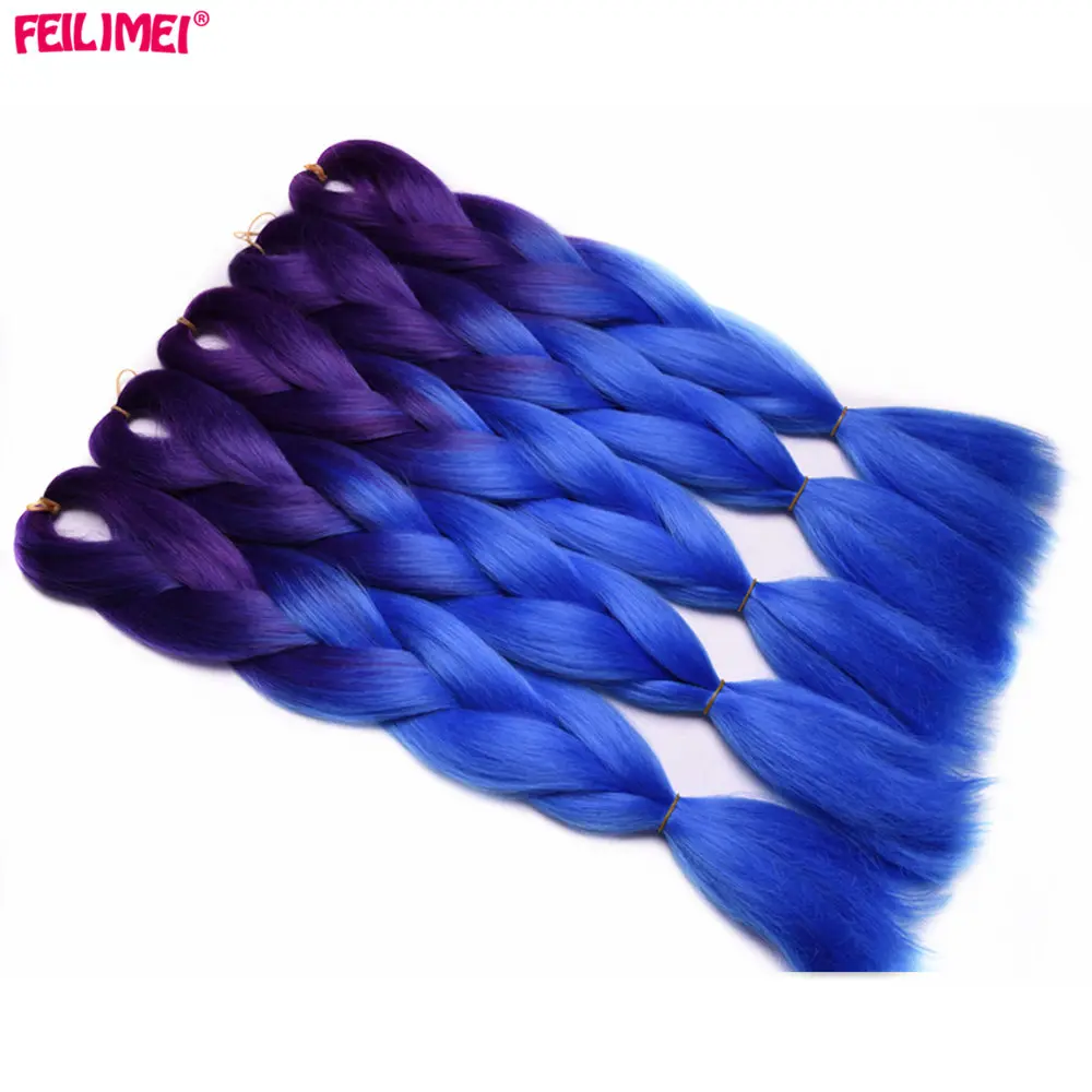 

Feilimei Purple Blue Jumbo Braiding Hair Extensions Synthetic 24"(60cm) 100g/pc Two/Three Toned Ombre Crochet Braids Hair Bulk