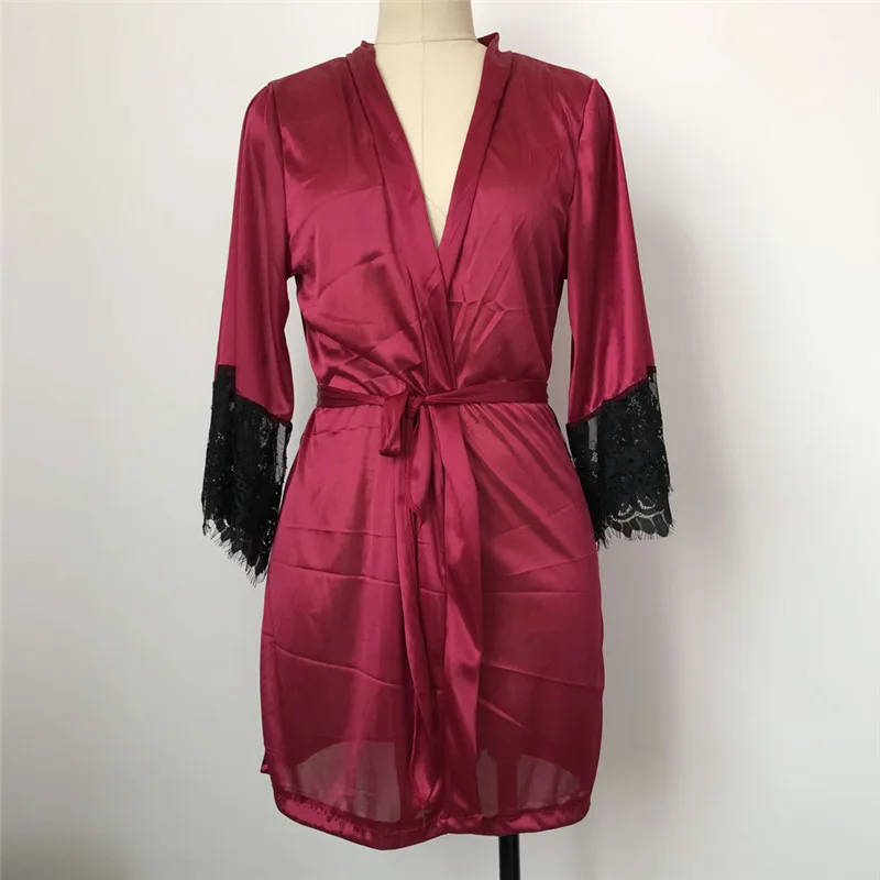 Women Sexy Silk Kimono Dressing Babydoll Lace Lingerie Belt Bath Robe Nightwear Attractive Design Comfortable Four Season Dress | Женская