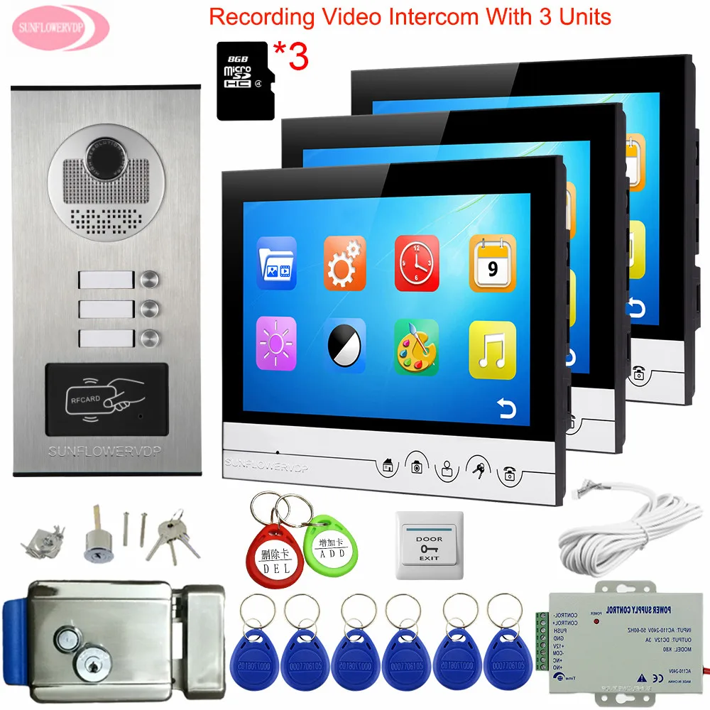 9 inch Video Intercom Met Opname + 8 GB TF Kaarten Intercoms Voor Private Huizen Met Slot Wired Video Deur entry Deurbel Intercom