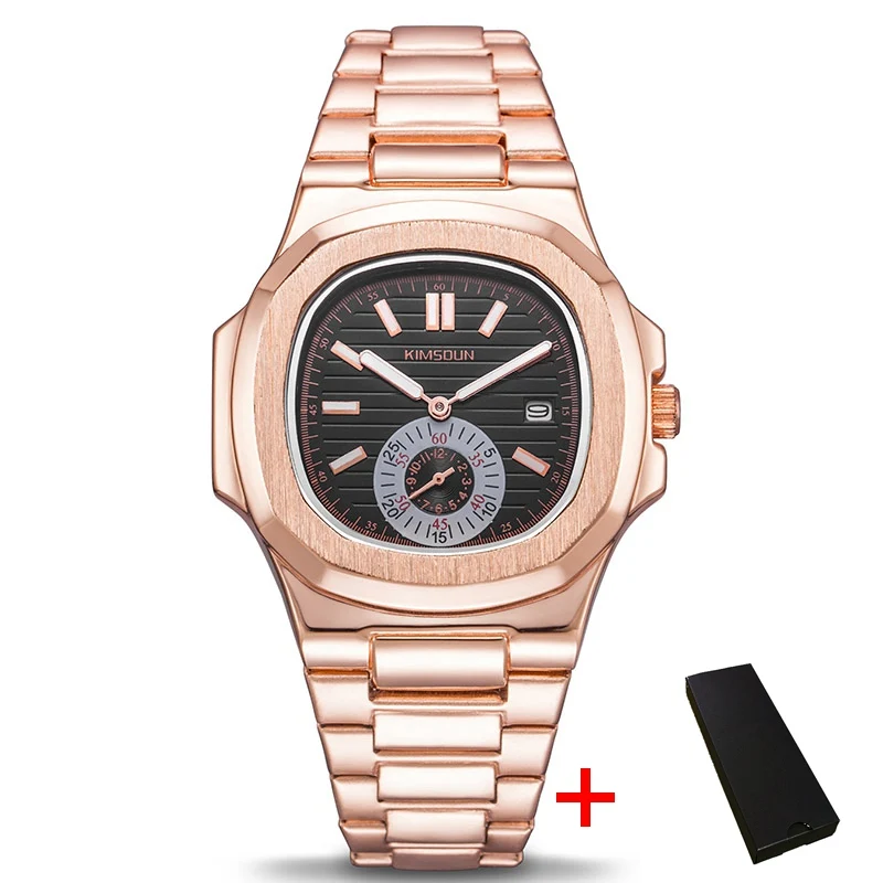 rose black and box Модные квадратные мужские часы, деловые водонепроницаемые кварцевые наручные часы из нержавеющей стали для женщин и мужчин, мужские часы erkek kol saati - Цвет: rose black and box