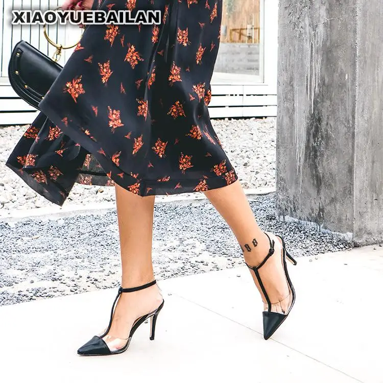 Новая модная обувь весна-лето 2018 пикантная женская на высоком тонком прозрачном