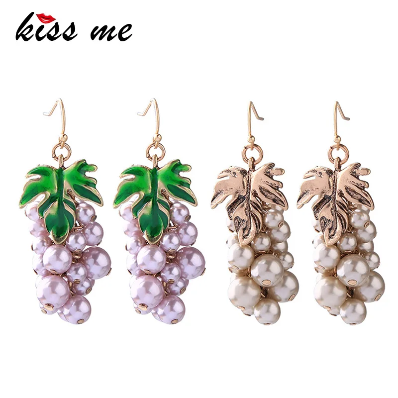 KISS ME Purple Grey Imitation Pearl Green Enamel Leaf Grape Drop Earrings Trending Style Women Dangling Earring Brand Jewelry | Украшения и