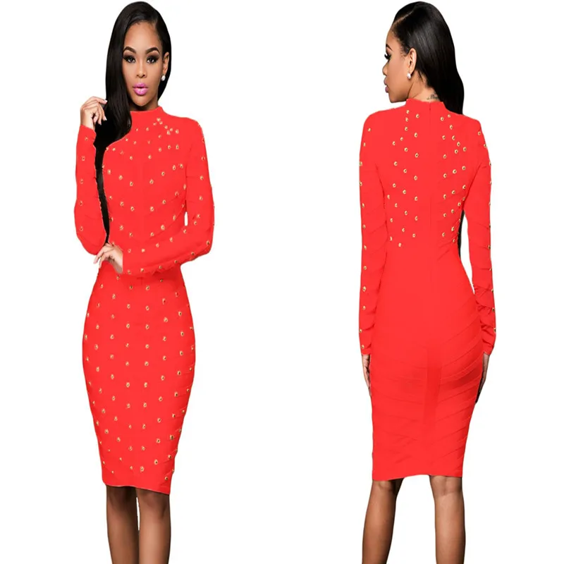 red 2020 new fashion sexy lady nail beaded mesh long sleeve knee length autumn winter bodycon party bandage dress | Женская одежда