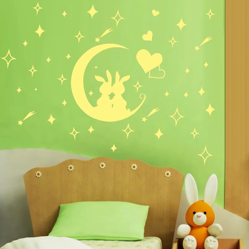 Cartoon Fluorescent Romantic Lovely Rabbit Moon Wall Stickers Luminous Stars Kids Room Nursery Home Decor Mural Decal | Дом и сад