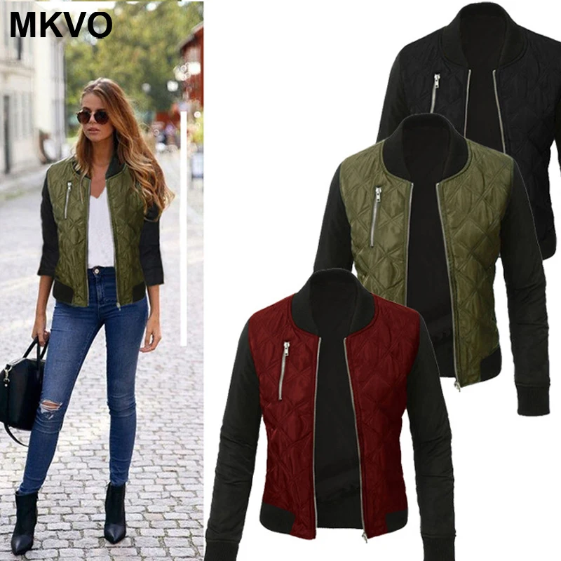 

Brand winter fashion zipper quilted jacket womens jackets casual long sleeve O-neck splicing Stitching Quilted Bomber Coats