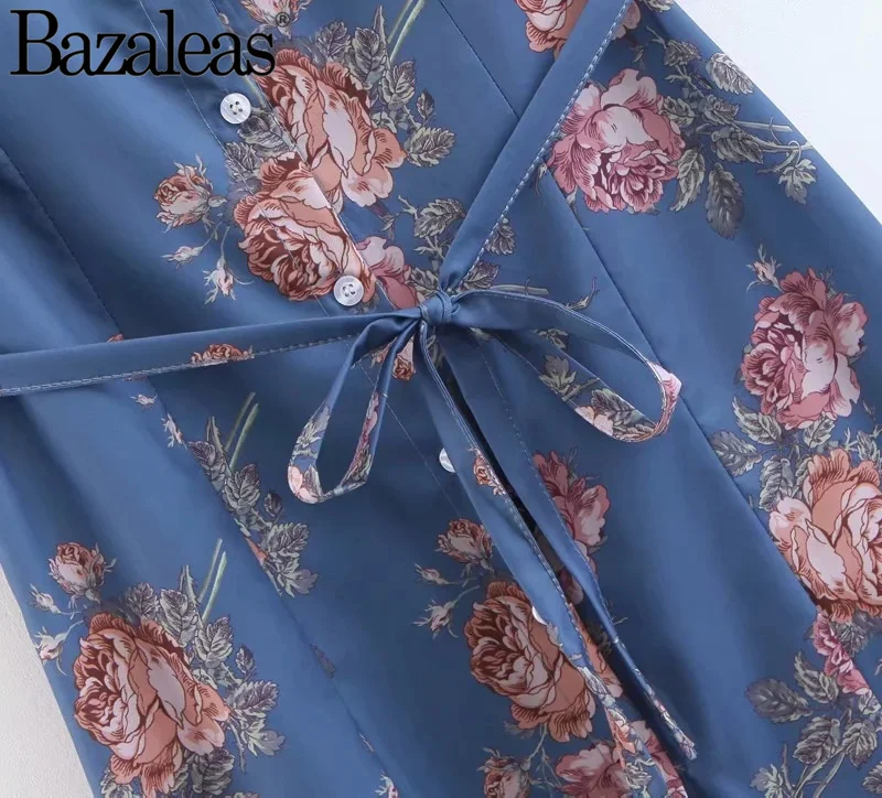 Женское платье средней длины Bazaleas синее с коротким рукавом и цветочным принтом
