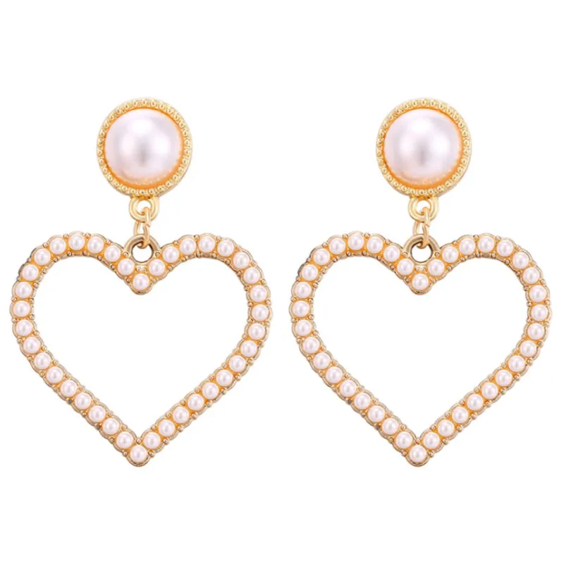 

WWLB 2019 New Korean Women Fashion Sweet Pearl Earrings Lovely Heart Shaped Hollow Heart Exaggerated Earrings Jewelry Gift