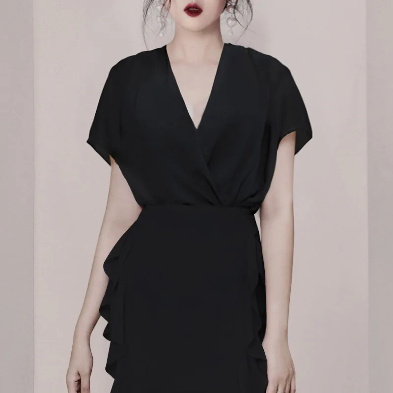 Женский комплект с юбкой миди Max Spri однотонный черный топ V-образным вырезом и