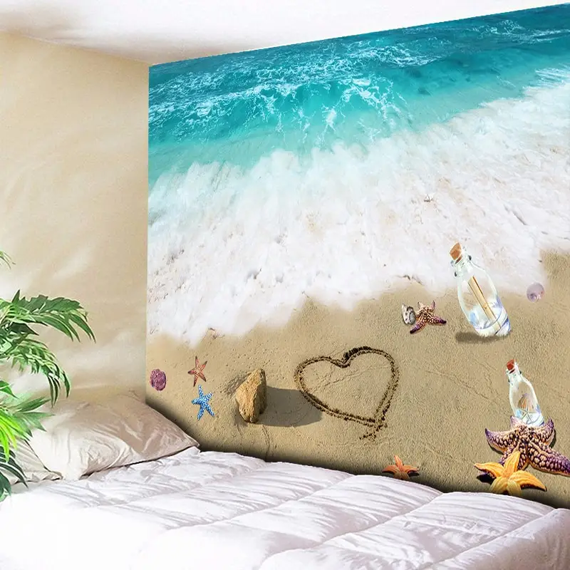 

Beach Tapestry Wall Hanging Blue Sea Hippie Tapestries Bedspread Picnic Bedsheet Love Wishing Bottle Home Decor Wall Tapestry