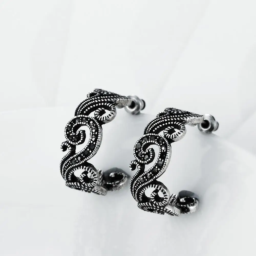 Euramerican Czech Zirconia Hollow Arabesquitic Stud Earrings Blacken Vintage Wanita Cantik Bijoux Women Jewelry Perhiasan | Украшения и