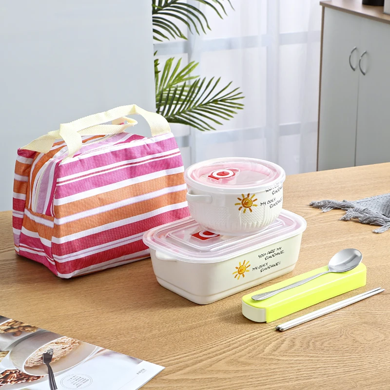 Ланчбокс Ланч-боксы Bento Box консервационная чаша с крышкой керамическая мультяшная трехслойная решетка набор может микроволновая печь - Цвет: one set nd bag