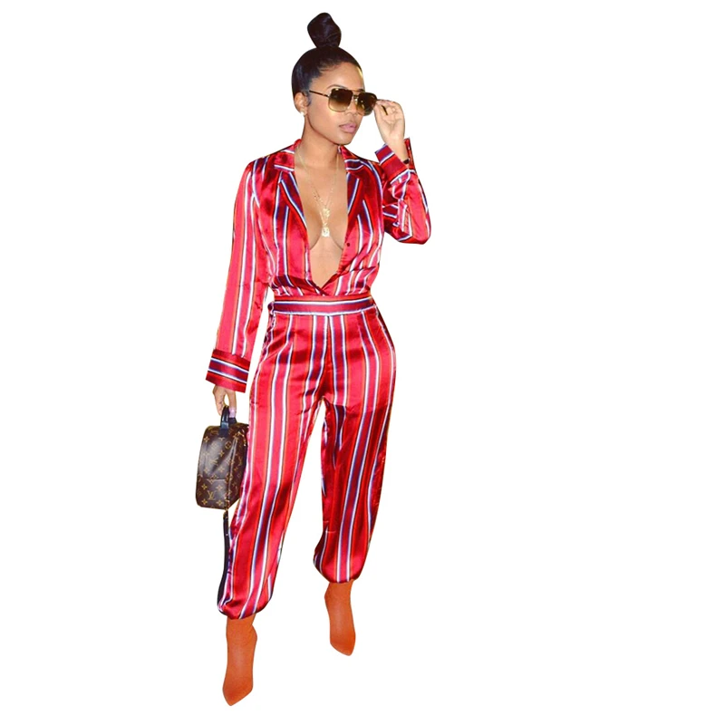 Женский комбинезон в полоску Adogirl с длинным рукавом и глубоким треугольным