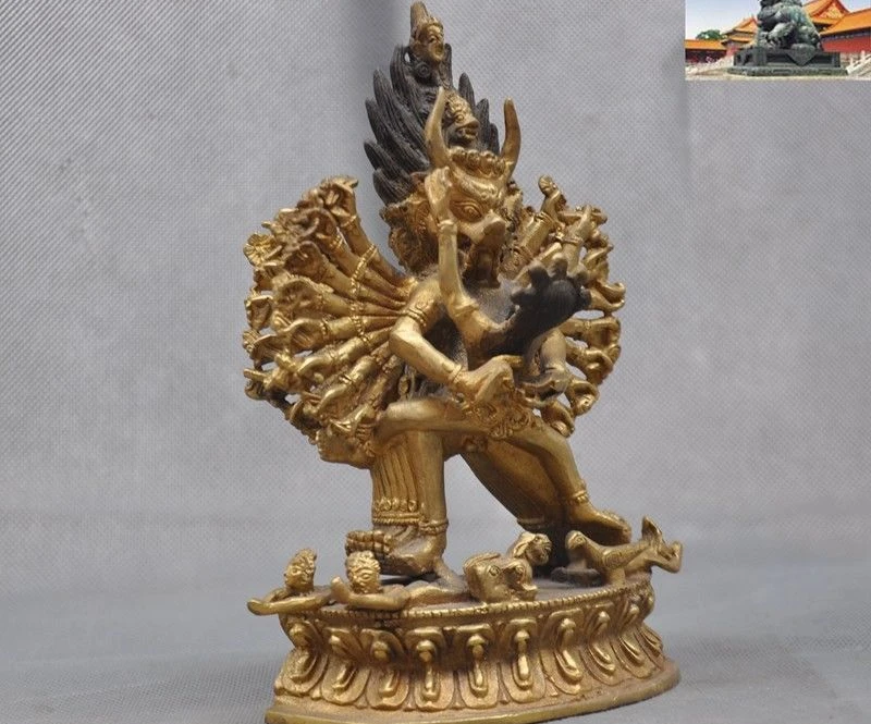 Старый тибетский буддизм бронзовый позолоченный череп Yama Yamantaka Dharmaraja статуя