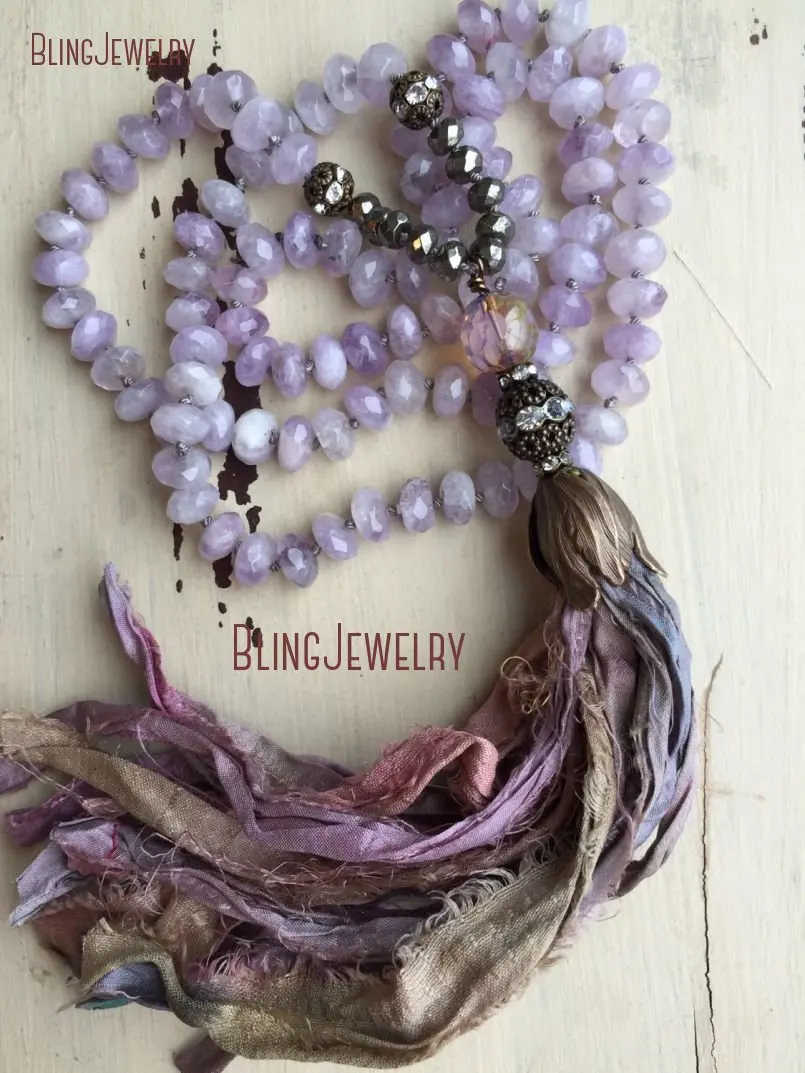 Shabby BoHo Necklace Rustic Sari Silk Tassel Knoting Amethyst Rondelles Beads Necklace NM15503