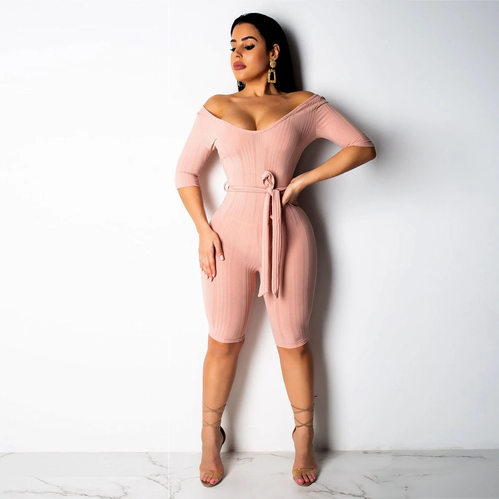 С открытыми плечами сексуальный короткий комбинезон женский пояс Bodycon половина