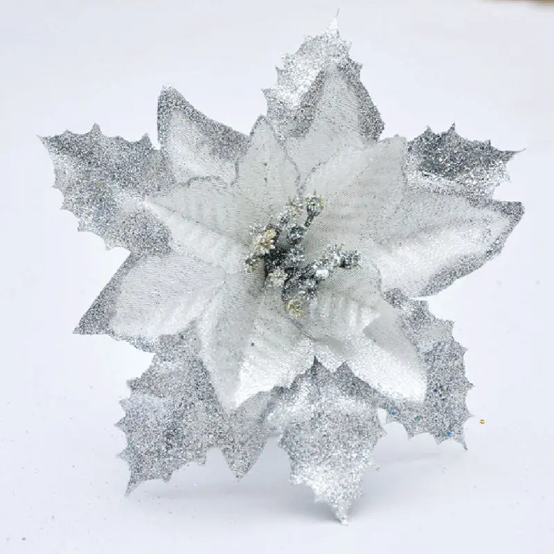 12 шт. блестящих цветов Poinsettia Рождественская елка Poinsettia украшения на Рождество День святого Валентина год цветочные украшения