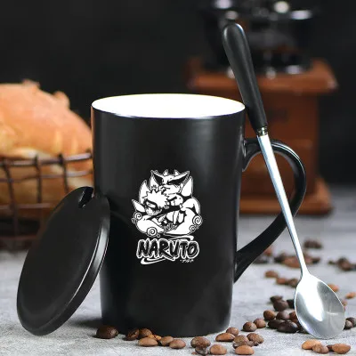 O OUSSIRRO Наруто Какаши Бесконечность кружки чистый цвет керамические кружки чашка с крышкой и ложкой кухонный инструмент подарок - Цвет: O
