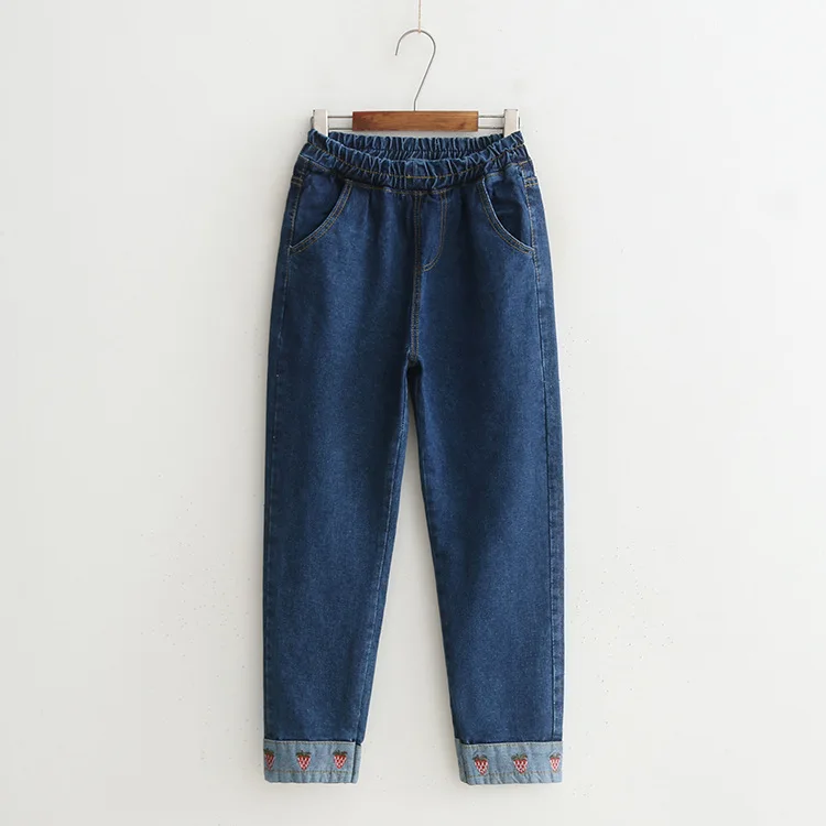 Kawaii/прямые тонкие джинсовые брюки до щиколотки с вышивкой в виде клубники и