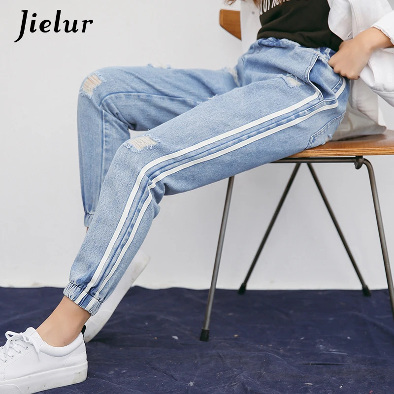 Женские рваные джинсы в полоску Jielur Harajuku эластичные с высокой талией