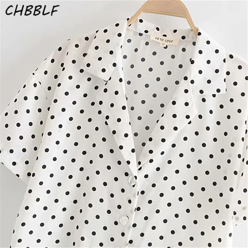 CHBBLF women dot pattern white blouse short sleeve shirts notched colllar female casual tops blusas WDD87103 |