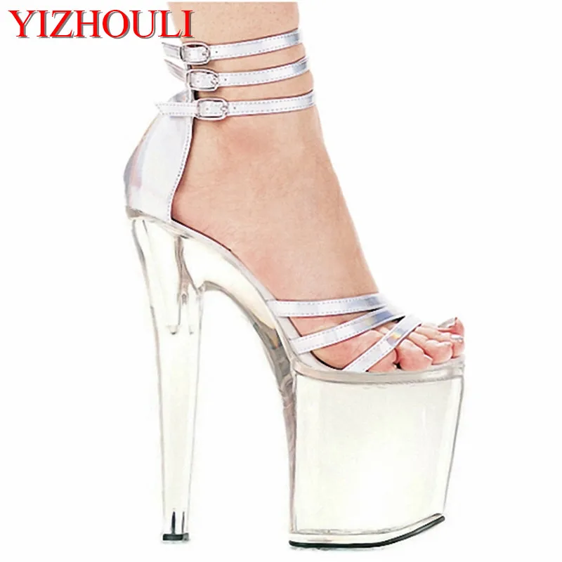 8 inch high heel shoes platform party crystal shoes silver white bridal shoes 20cm high heel sandals sexy Exotic Dancer shoes