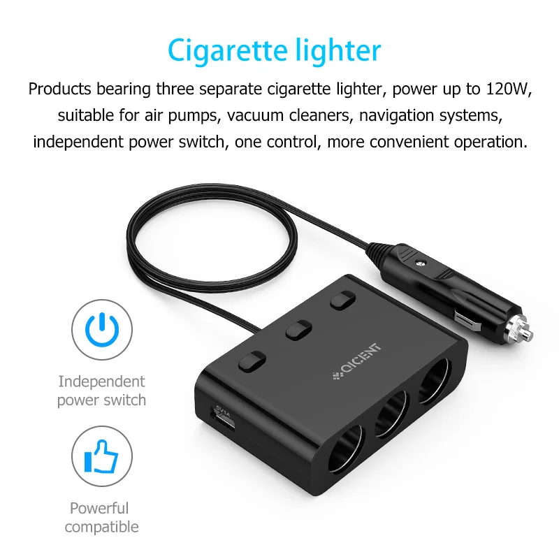 QICENT CPR USB Автомобильное зарядное устройство 3 гнезда автомобильный прикуриватель 120 Вт с 2 USB 15,5 Вт независимый переключатель USB Автомобильное зарядное устройство разветвитель