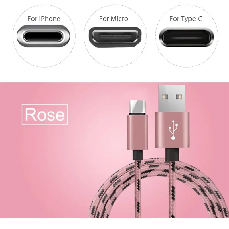 Оплетка USB кабель для передачи данных для iPhone X 8 7 6s Plus Micro Тип usb C быстрая зарядная зарядка кабель для samsung A70 A50 A30 Xiaomi huawei - Цвет: Rose gold