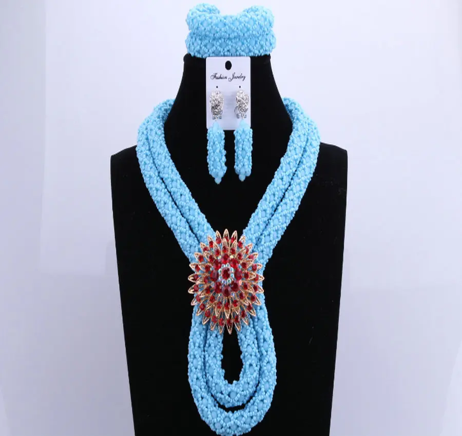 2017 синий африканский Кристалл бусы ожерелье набор двухслойный большой дизайн