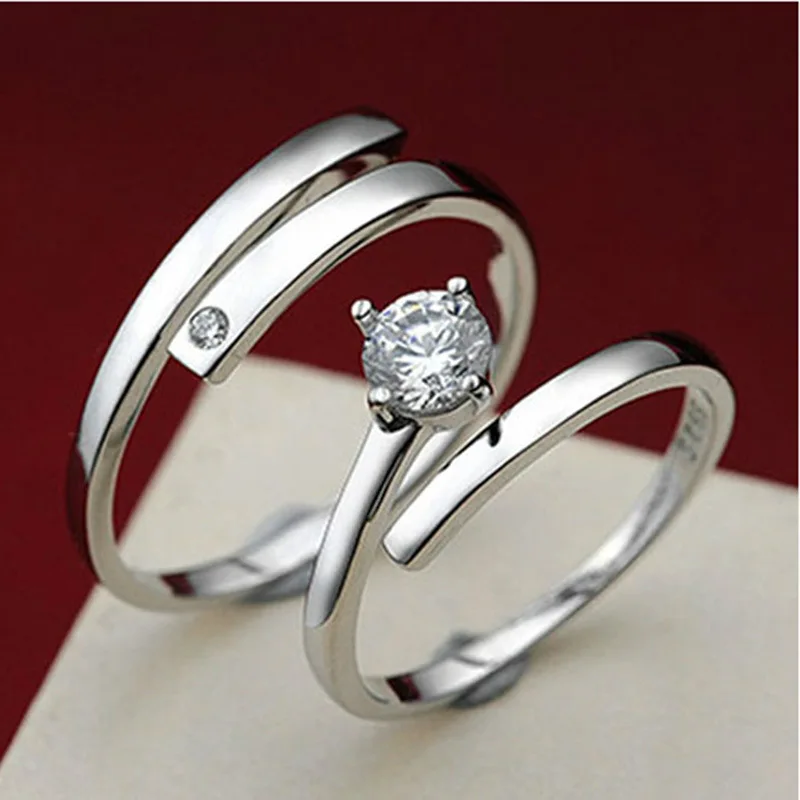 

100% 925 sterling silver fashion shiny crystal lovers couple rings jewelry women men`s finger open ring wedding gift cheap