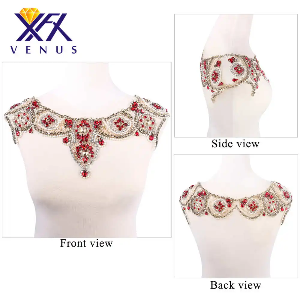 

1 pc handmade ruby beaded pearls crystal patches mesh rhinestone applique neckline motif stunning for evening gown bridal dress