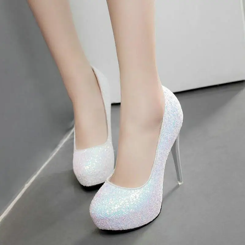 Женщины Свадьба Платформа Высокие Каблуки Обуви Круглый Носок 12 см Блестки