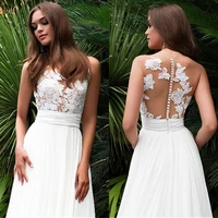 hot sale sleeveless chiffon cheap wedding dress o neck see through back a line bridal dresses appliques vestidos de noiva