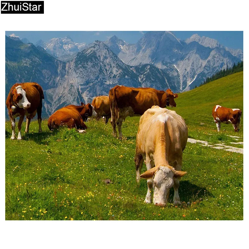 Diamond Embroidery Cows on Mountain Picture of Rhinestone Full Square Resin Drill Painting Unfinished Handmade Hobby XY1 |