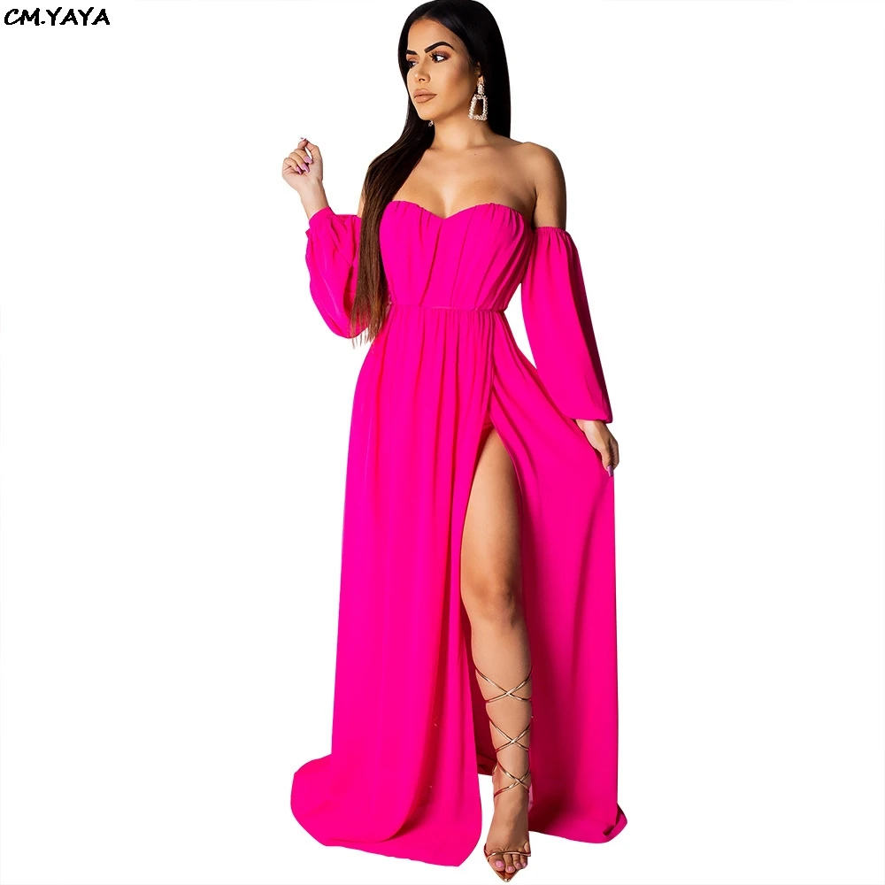 Женское шифоновое платье макси с открытыми плечами длинным рукавом и вырезом