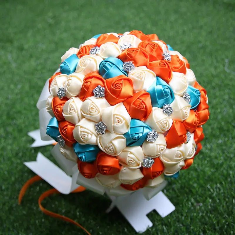 

High Quality Wedding Bouquet Bridesmaids Flowers in orange +blue + cream Bling Rhinestone Bridal Flowers Party Home Accessories