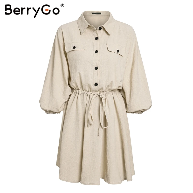 BerryGo льняные платья, женское платье-рубашка, платье с длинным рукавом, элегантное женское платье на пуговицах, vestidos, винтажные летние мини платья, повседневные