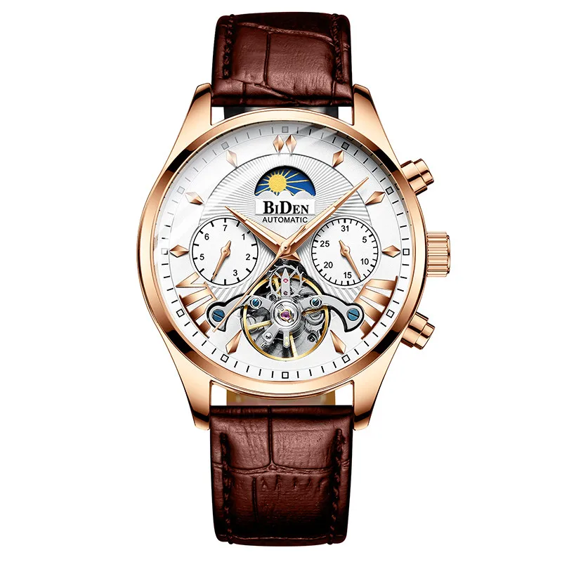 Brown Leather Роскошные автоматические мужские часы механические часы Tourbillon спортивные мужские часы повседневные деловые кожаные часы в ретро-стиле Relojes Hombre - Цвет: Brown Leather