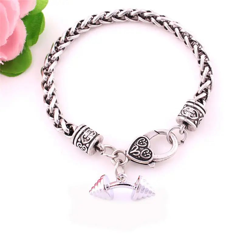 Unisex Jewelry Bracelet Sporty Fitness Barbell Shape Design Pendant Wheat Link Chain Personality Zinc Alloy Provide Dropshipping | Украшения