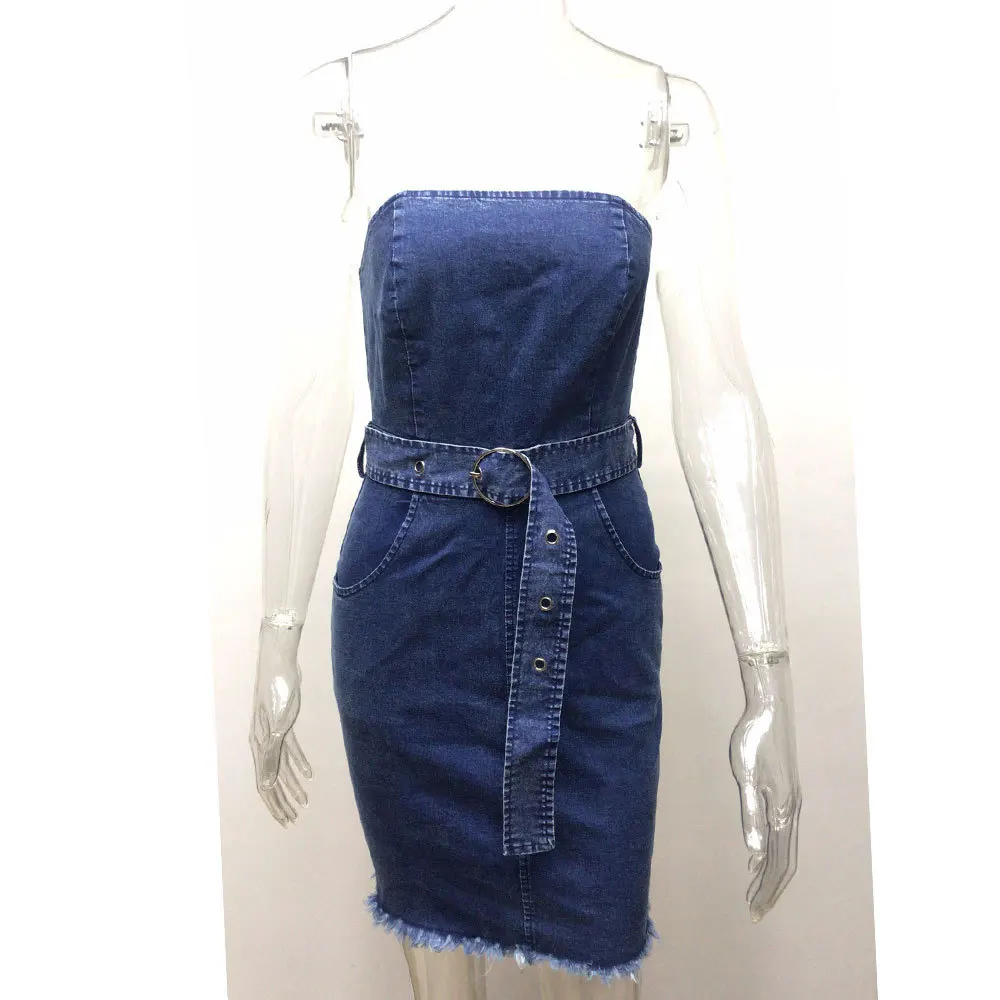 

Echoine Women Sexy Dark Blue Strapless Sleeveless Bodycon Dress Summer Fashion Side Two Pockets Back Zipper Up Short Dress Belt