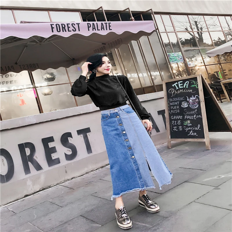 HziriP Women Denim Skirt 2018 Autumn Winter Ladies Casual Button Contrast Color Irregular High Waist Mini Clothing | Женская одежда