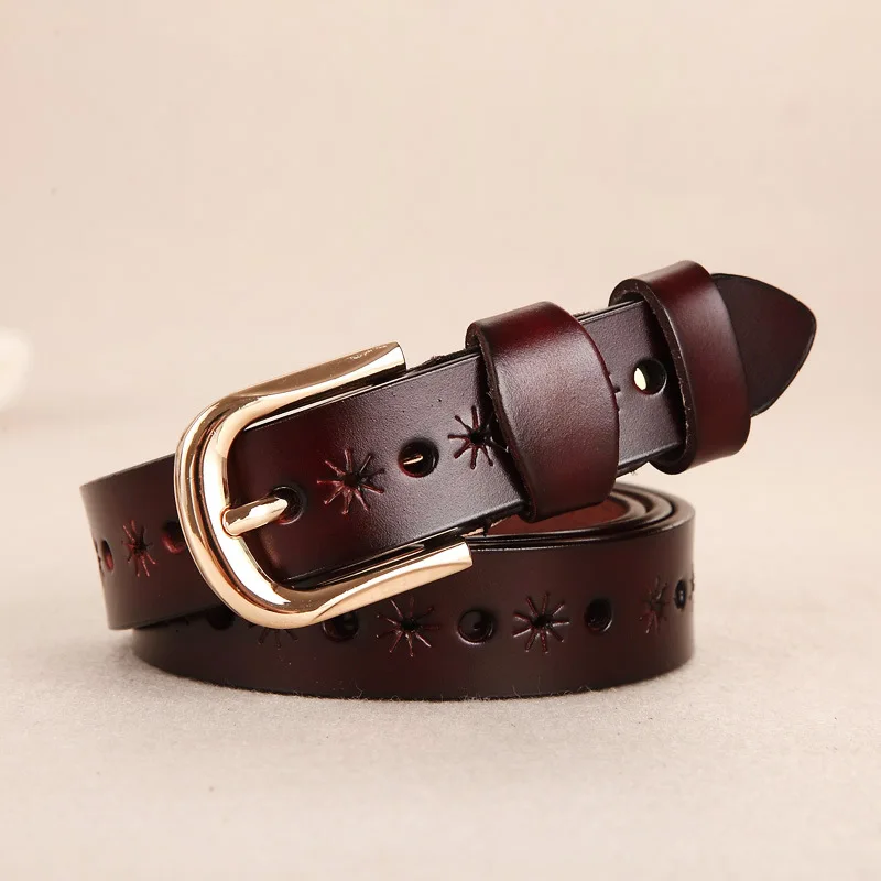 

New women's belt luxury belt Fashion retro hollow belt Women's two-layer leather wild leather belt