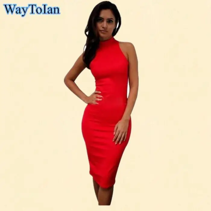 WayToIan Весна Лето Мода водолазка без рукавов элегантное платье карандаш женское