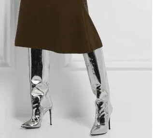 Newest  Designer Silver Mirror Leather Boots Pointed Toe Thin Heel Mid Calf Night Club Boot Women Autumn Winter shoes woman