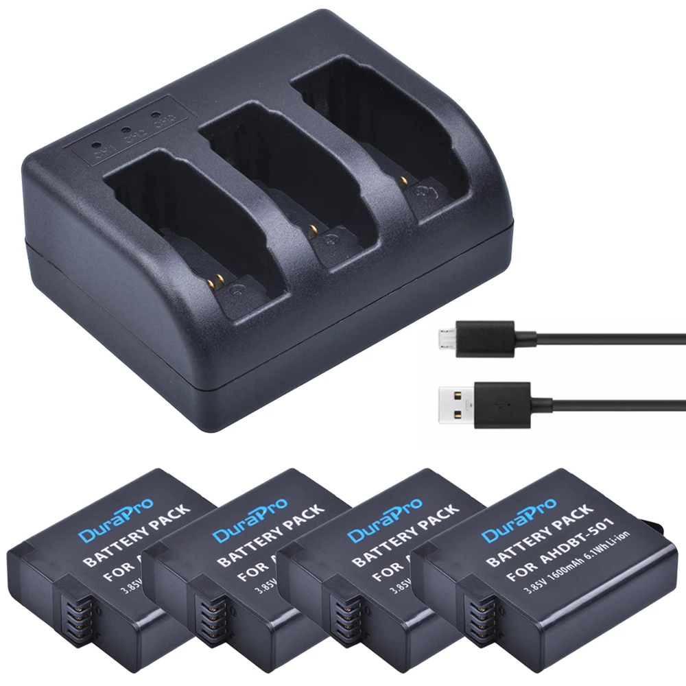 4 шт. перезаряжаемая литий ионная батарея DuraPro 1600 мАч AHDBT 501 + 3 канальное USB зарядное