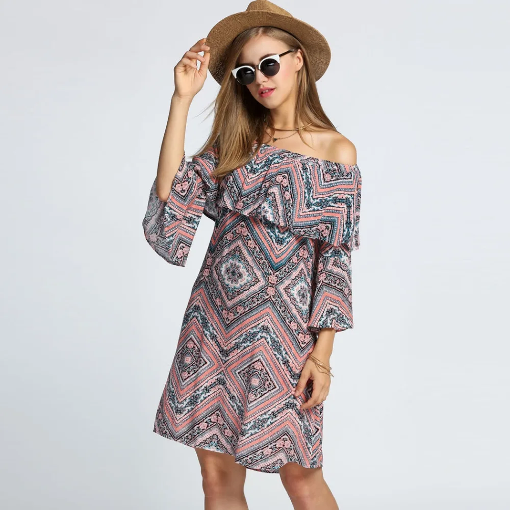 Богемный Стиль женская С Плеча Flare Рукавом Оборками Печати Casual Dress|casual dress|dress