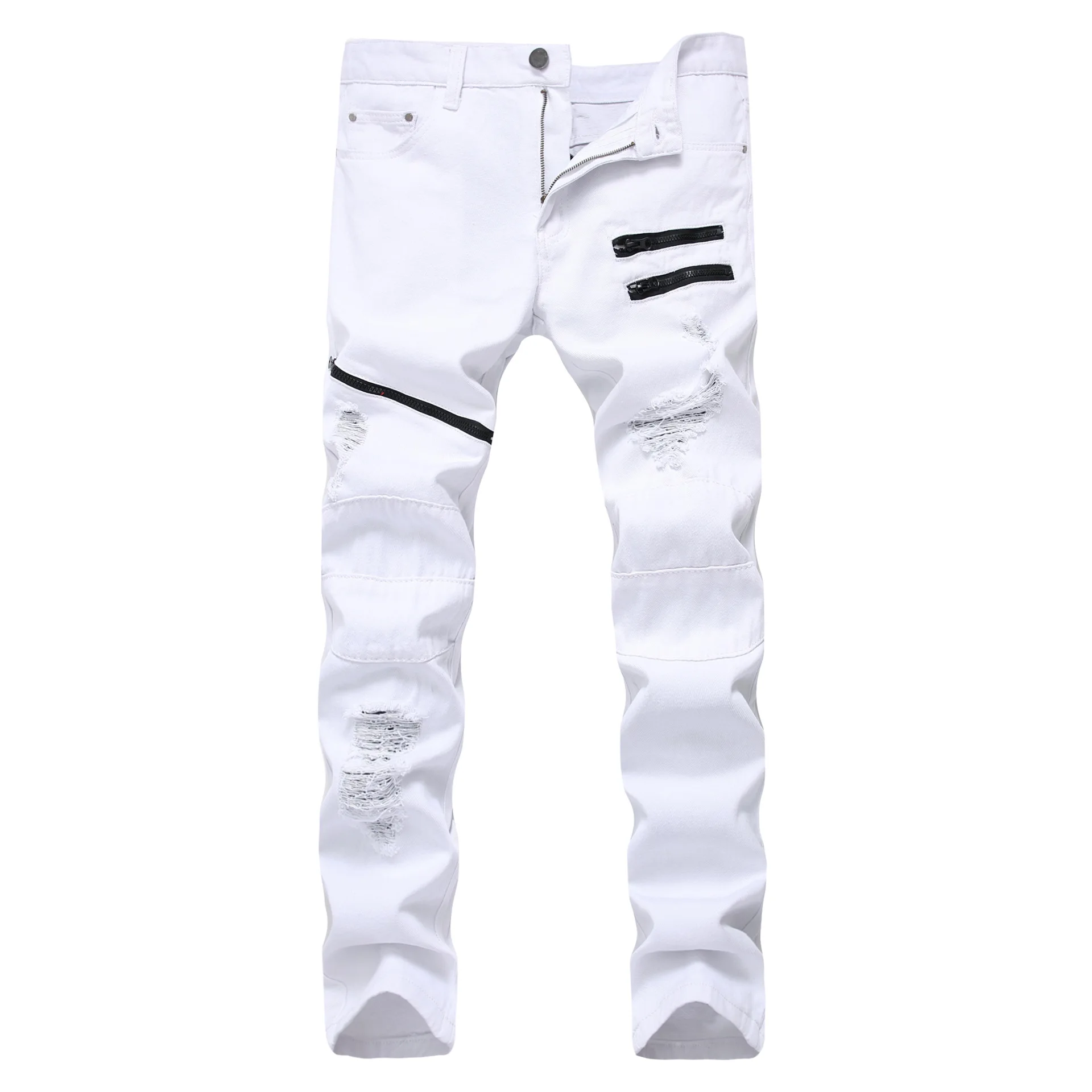 

White Red Hole Slim Skinny men's Ripped Jeans Multiple Zipper Decoration Casual Hip Hop Jeans Men Streetwear Denim Trousers