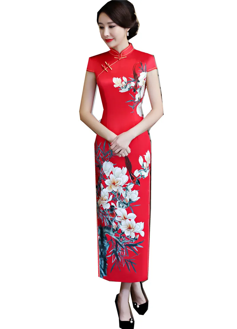 Красный Шанхай история искусственного шелка Qipao Платье длинное Cheongsam национальный тренд платья короткий рукав тонкий Традиционный китайский платье для женщин - Цвет: Красный