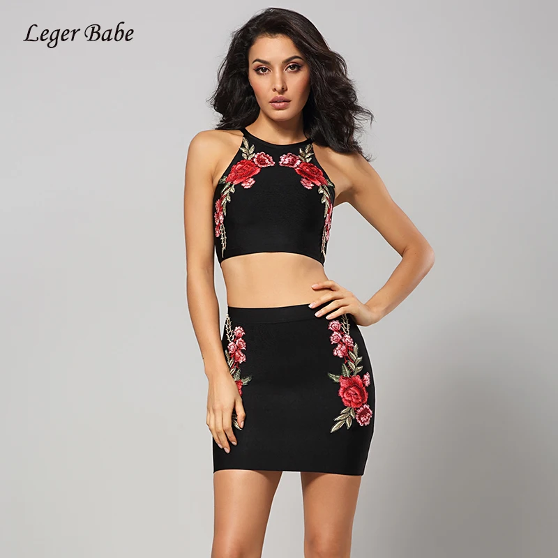 Leger Babe/Новинка лета 2018 черный бандажный комплект из 2 предметов укороченный топ с