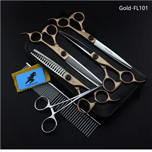 Gold-FL101 6 шт./компл. 7 дюймов профессиональные ножницы для домашних животных Уход за лошадьми Ножницы Прямые истончение изогнутые ножницы для собак и кошек Уход за лошадьми стрижка Инструменты - Цвет: Gold-FL101