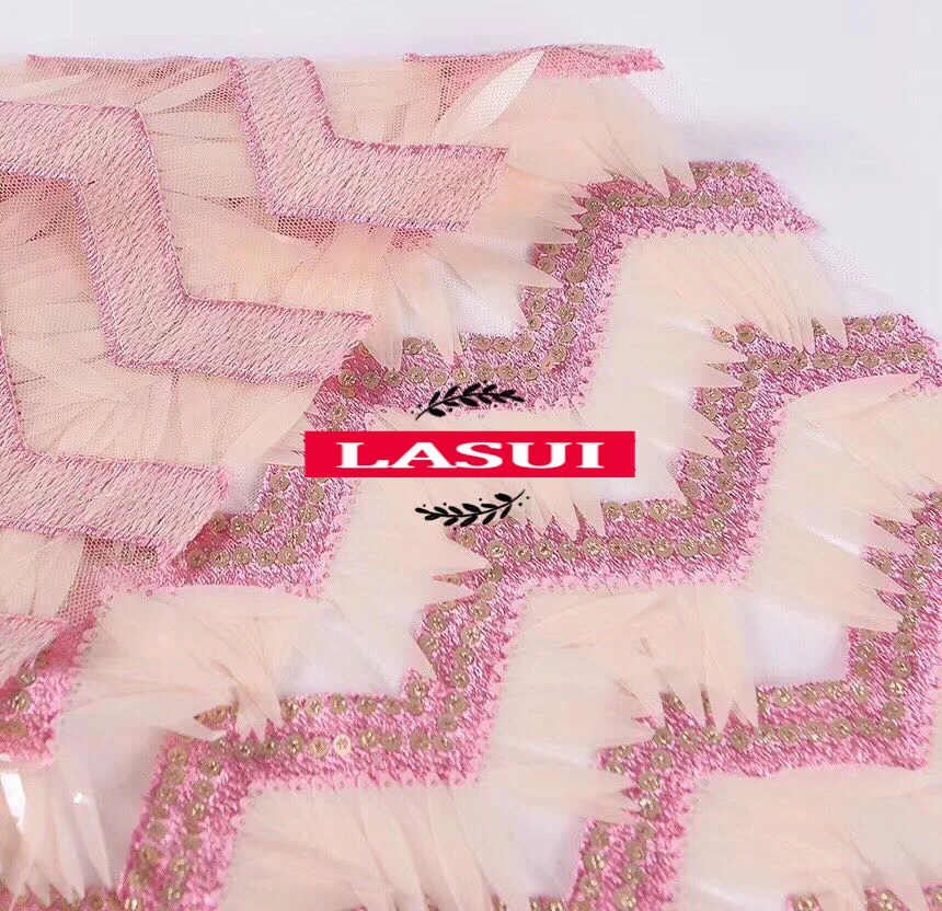 LASUI 1 ярд/1 лот розовая волнистая вышитая блестками кружевная ткань свадебное